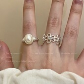 冷淡风指环潮 珍珠花朵戒指女diy轻奢高级感开口可调节食指戒新款