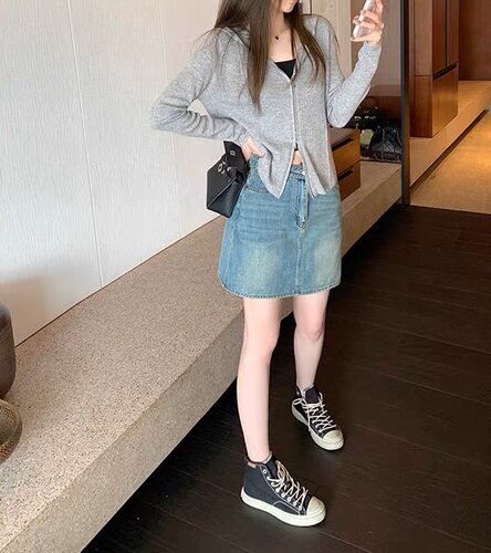 大码女装复古水洗牛仔显瘦短裙