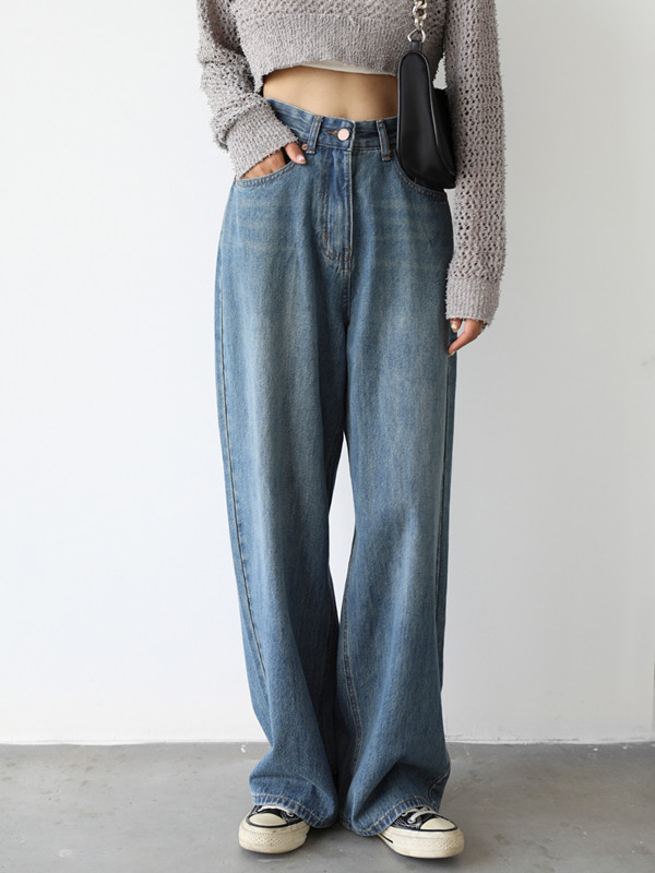 大码女装复古阔腿牛仔显瘦拖地裤