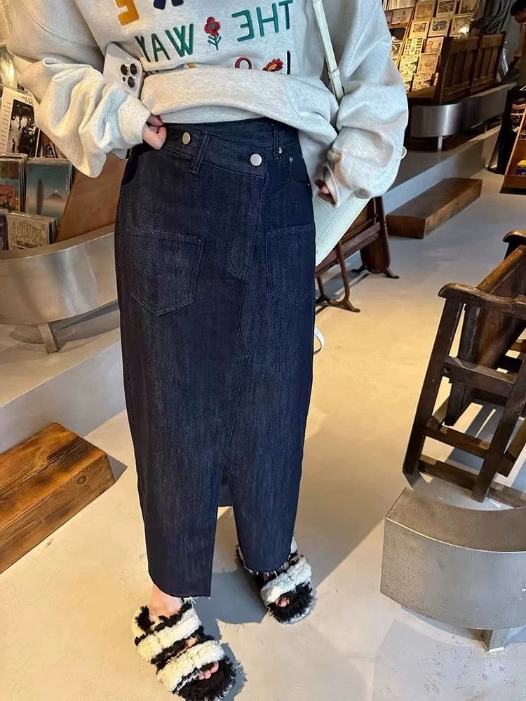 大码女装复古开叉牛仔显瘦半身裙