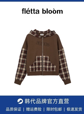 【现货】fletta bloom韩国小众复古拼接宽松拼色格子连帽卫衣外套