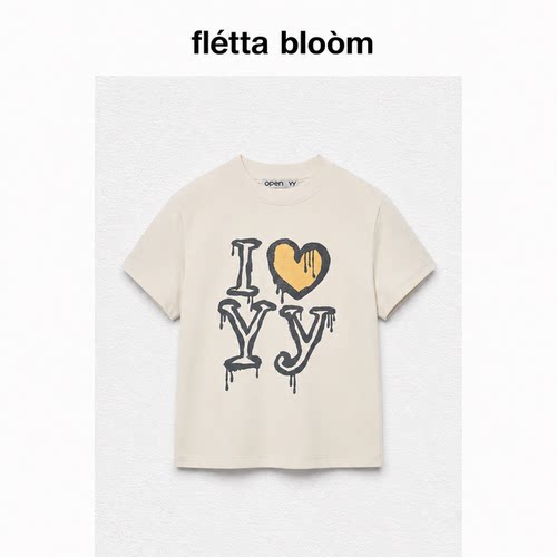 ●fletta bloom韩国小众OPEN YY涂鸦烫钻爱心字圆领短袖短款T恤女