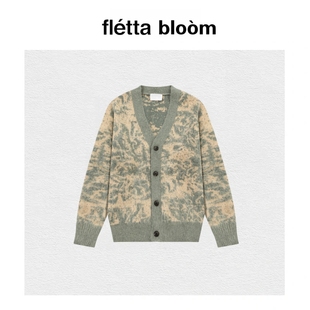 休闲开衫 bloom花卉晕染提花羊驼毛针织衫 fletta V领毛衣 现货