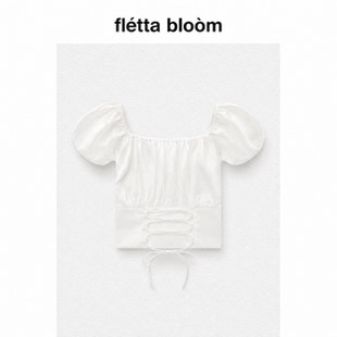 ●fletta bloom韩国Notyourrose泡泡袖绑带收腰方领短袖露背上衣