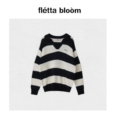 【现货】fletta bloom韩国Rolarola翻领刺绣V领条纹针织衫毛衣女