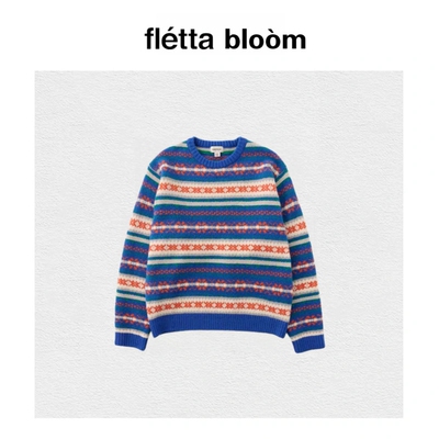 【现货】fletta bloom韩国小众复古提花蓝色毛衣宽松圆领羊毛针织