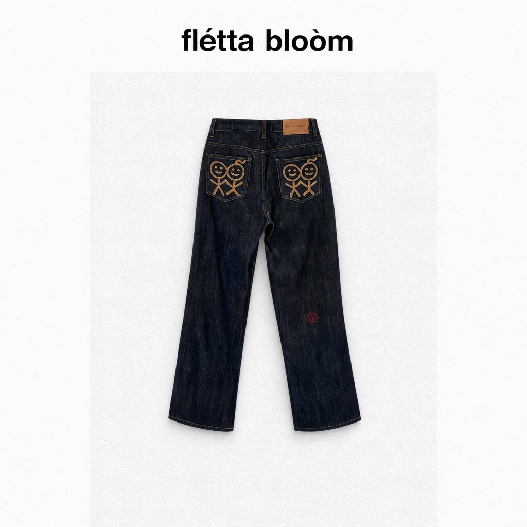 ●fletta bloom韩国urban火柴人牛仔裤口袋刺绣垂感直筒裤子