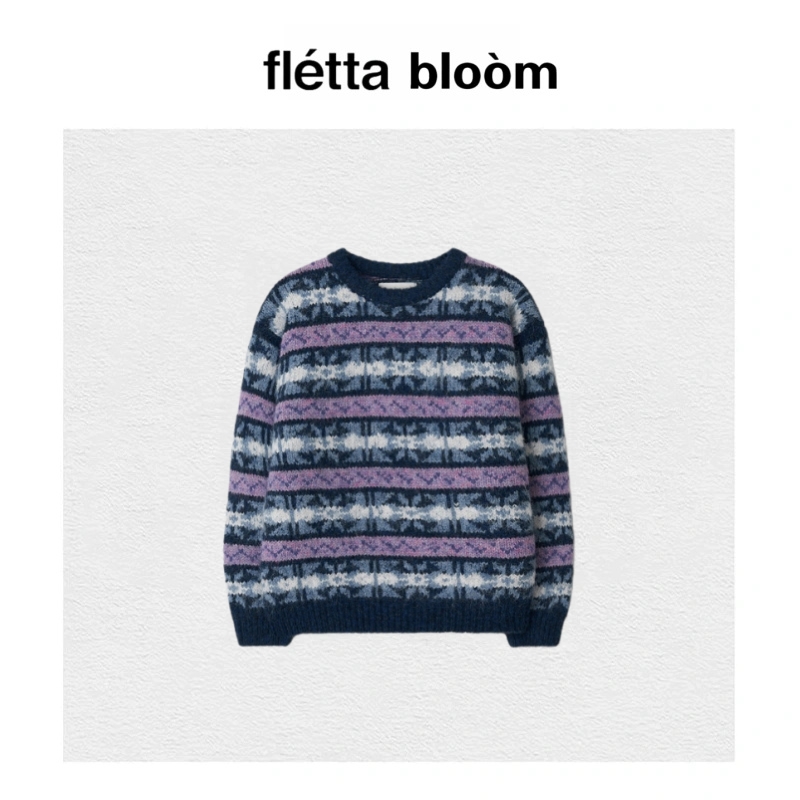 【现货】fletta bloom韩国ERUME复古羊毛条纹提花圆领针织衫毛衣