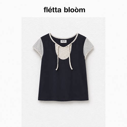 ●fletta bloom韩国aeae碎花系带短袖t恤女新款假两件拼接娃娃衫