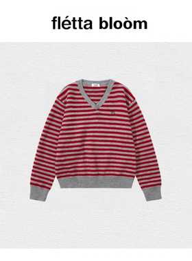 【现货】fletta bloom韩国小众aeae复古条纹V领显瘦针织套头毛衣