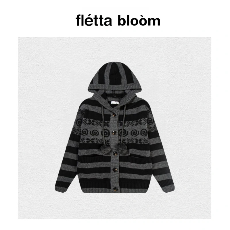 【现货】fletta bloom韩国Hugyourskin条纹针织衫连帽加厚毛衣女
