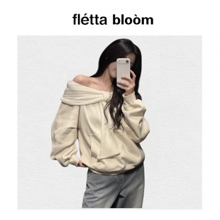 bloom韩代小众慵懒一字肩针织蝴蝶结加绒连帽卫衣 fletta 现货