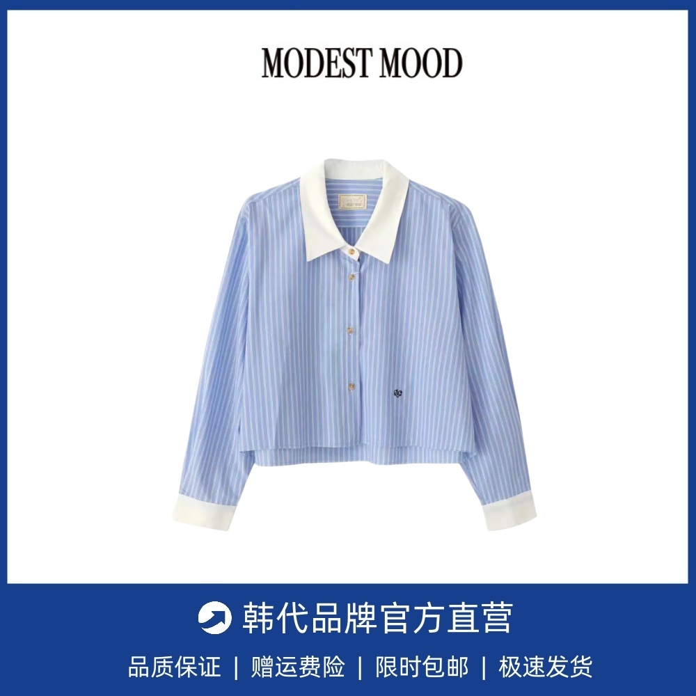 【现货】modest mood韩国小众拼色条纹翻领上衣休闲宽松短款衬衫