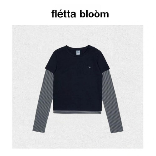 【现货】fletta bloom韩系假两件条纹拼接短上衣套头休闲长袖T恤