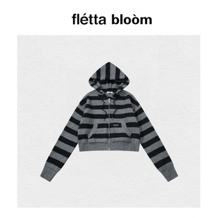 拉链连帽条纹针织毛衣开衫 bloom韩国ason短款 fletta 外套 现货