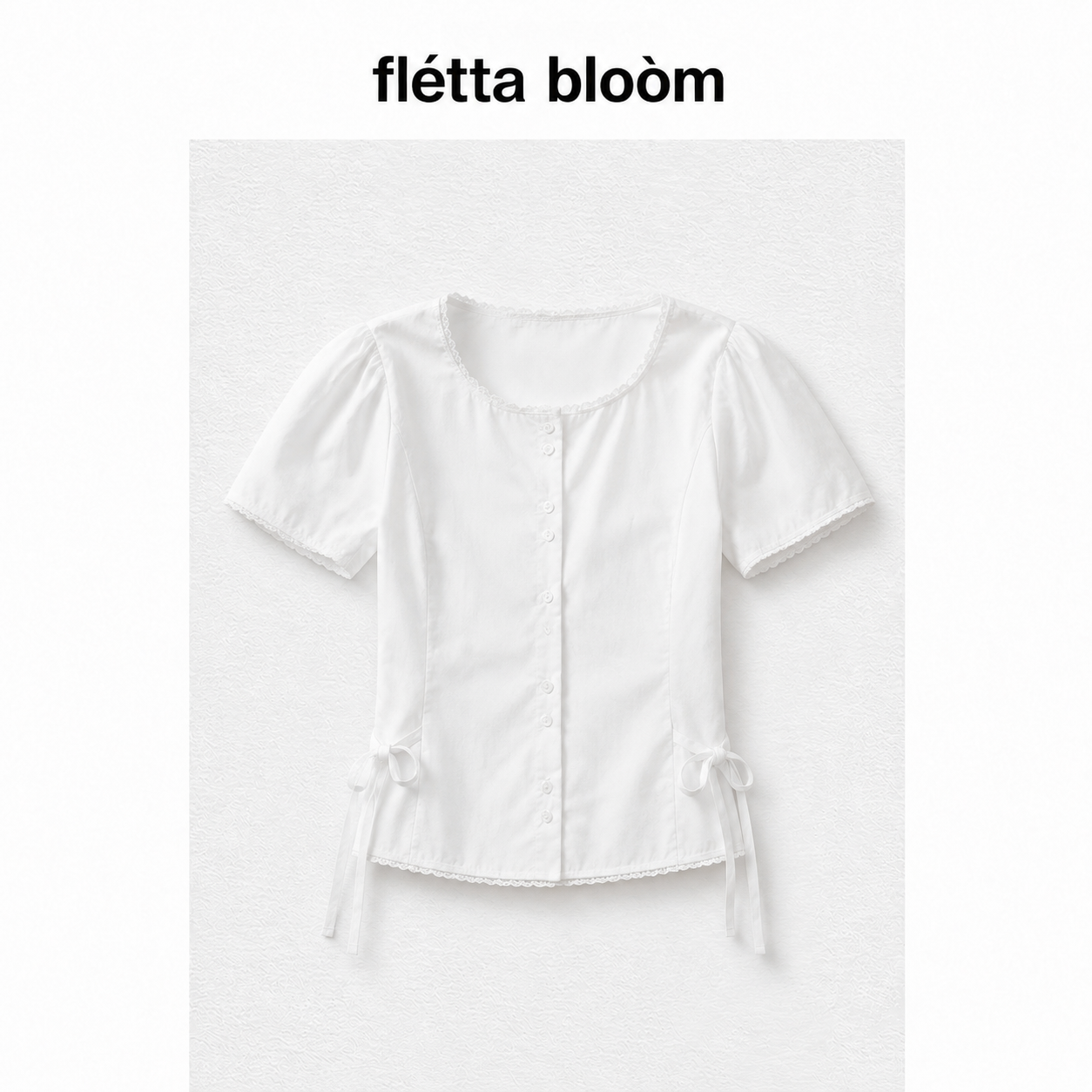 ●fletta bloom韩系女ZAENIO甜美蕾丝花边系带收腰泡泡袖短袖衬衫 - 实物图