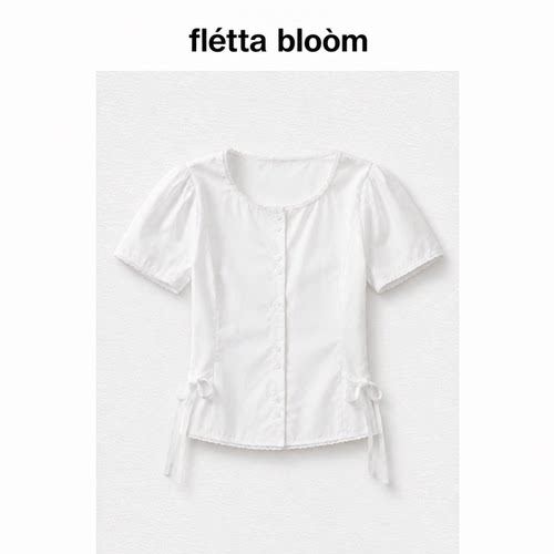 ●fletta bloom韩系女ZAENIO甜美蕾丝花边系带收腰泡泡袖短袖衬衫