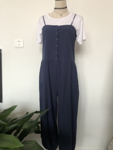 37藏青色背带薄款连体裤复古画家裤报童裤【星尘原野旅拍】