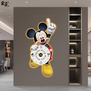 米奇LED氛围灯画玄关钟表挂钟客厅时钟新款 大气创意时钟壁灯 时尚