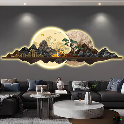 新中式客厅装饰画led发光灯画大气壁画迎客松沙发背景墙壁灯挂画