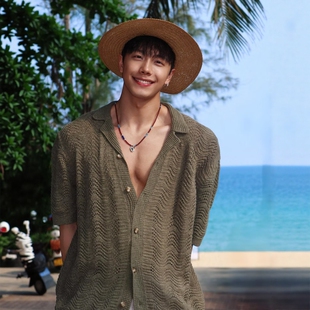 复古老钱风古巴领镂空针织衬衫男夏威夷海边穿搭度假宽松短袖衬衣