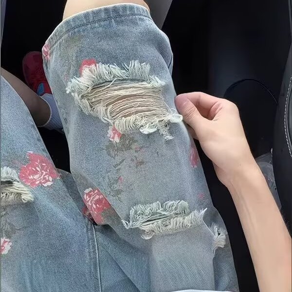 花卉破洞牛仔短裤男夏季高级感显瘦五分裤玫瑰满印vibe直筒中裤潮