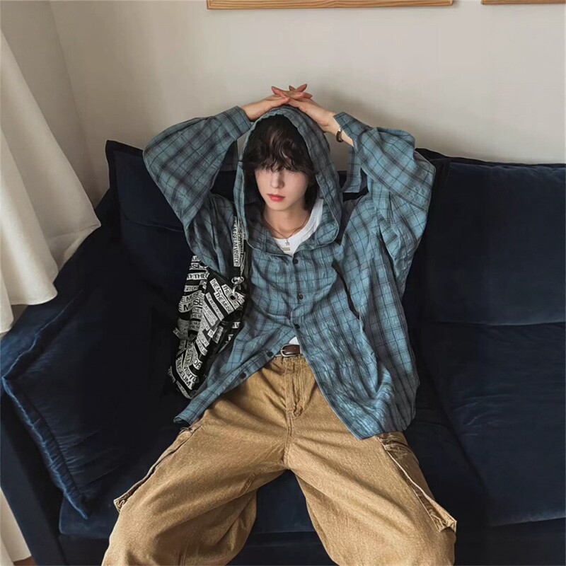 格纹连帽衬衫男潮牌蓝色慵懒风