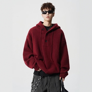 本命年红色连帽毛衣男冬季半开襟针织衫外套慵懒风宽松重磅毛线衣