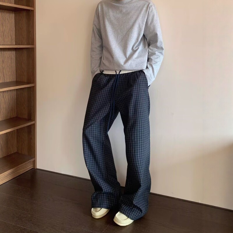 藏青色美式复古格子裤男夏季薄款