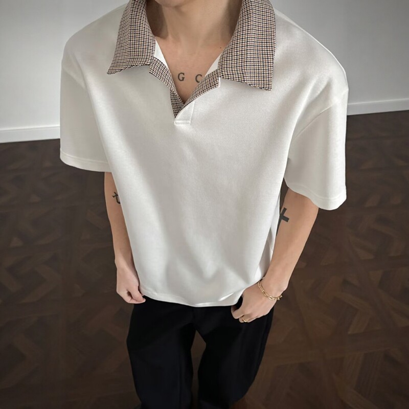 千鸟格海鸥领短袖T恤男款春夏少年感polo衫cleanfit假两件五分袖