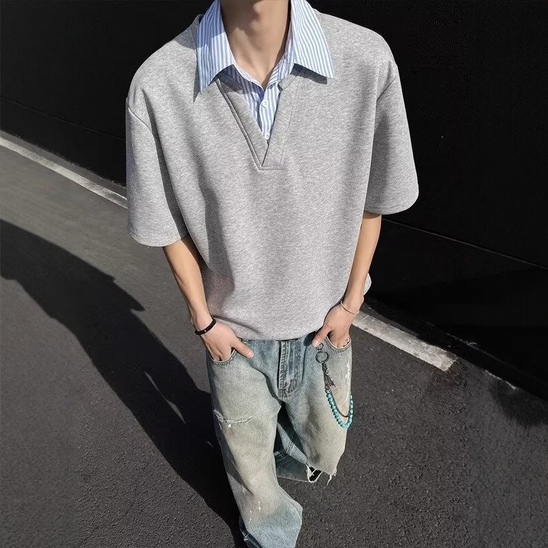 假两件衬衫领短袖T恤男款夏季潮牌高级感polo领痞帅宽松凉感半袖