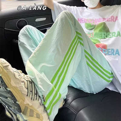 薄款三条杠冰丝阔腿裤直筒休闲裤