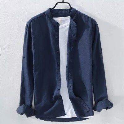 立领亚麻长袖衬衫男士春夏季薄款