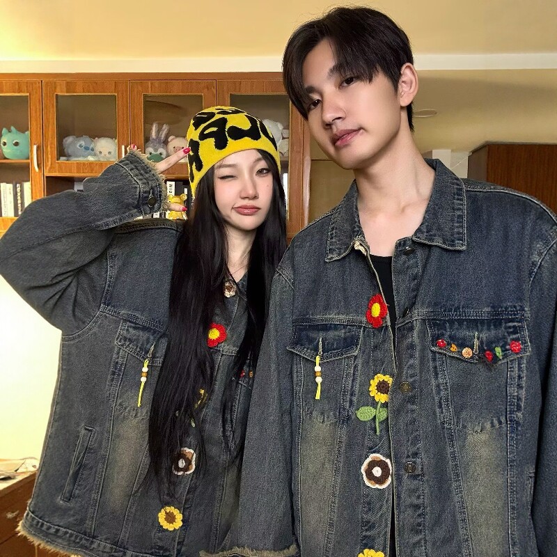 潮牌刺绣花朵牛仔外套男女复古