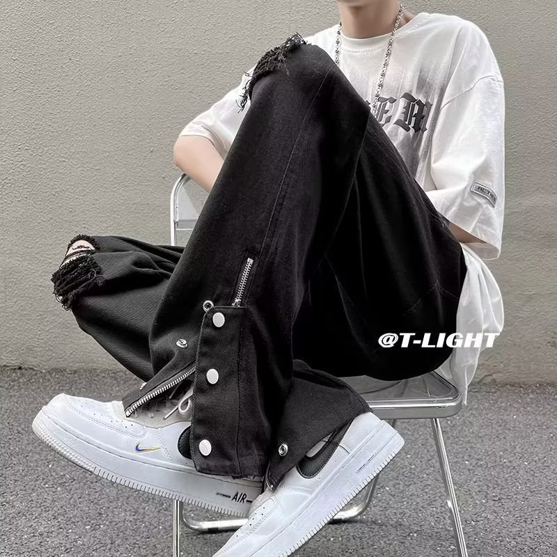 美式vibe风排扣裤子高街潮ins白色破洞牛仔裤男潮牌微喇直筒长裤