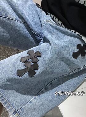 牛仔短裤男夏季港风新款十字架贴标高街青少年宽松直筒休闲五分裤
