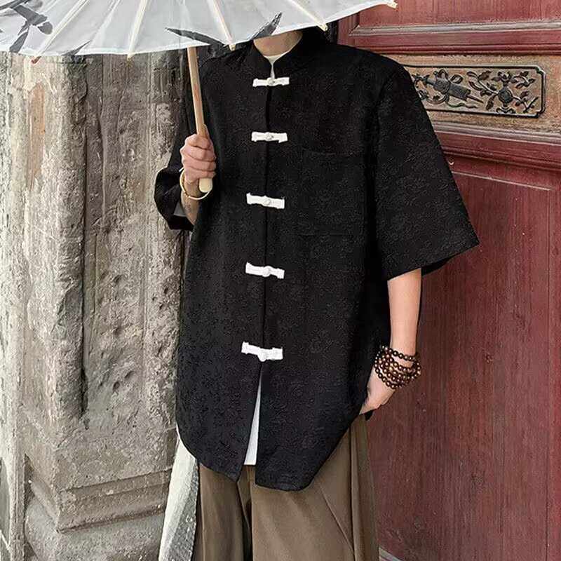 新中式国风男装短袖衬衫男夏季国潮盘扣中山装设计感唐装衬衣外套