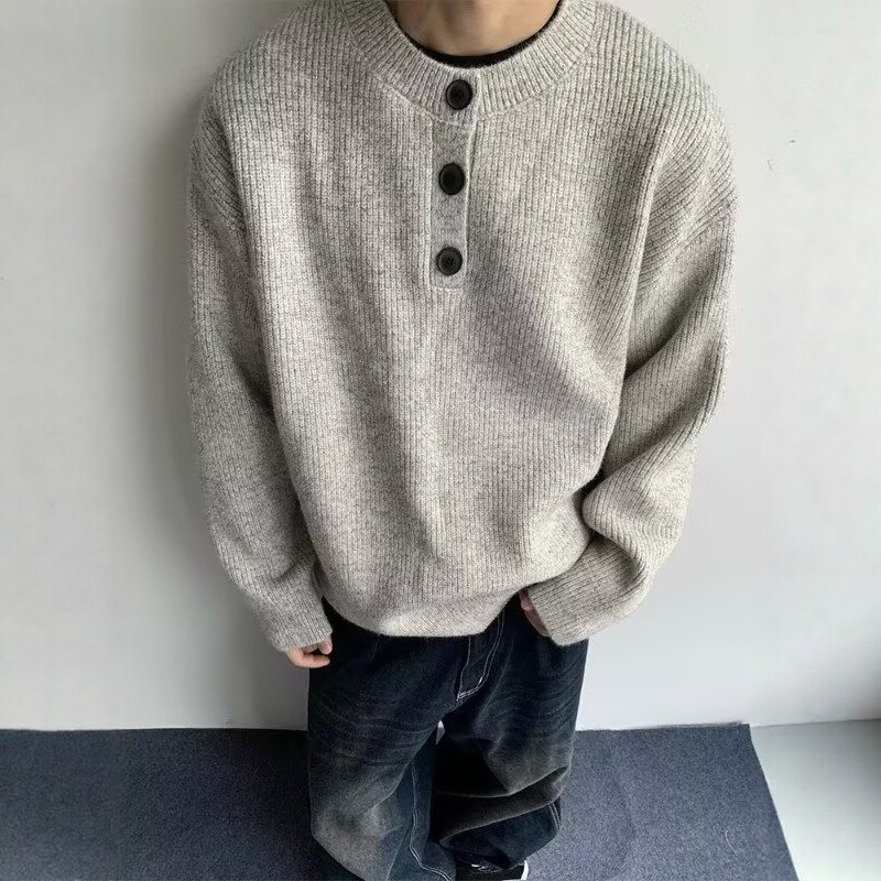 灰色美式复古亨利领毛衣男款冬季慵懒风高级感针织衫cleanfit外套