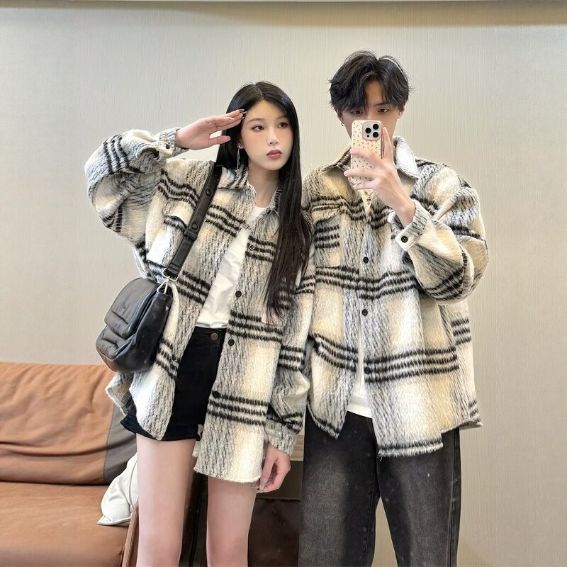 春秋季美式复古格子毛呢衬衫外套