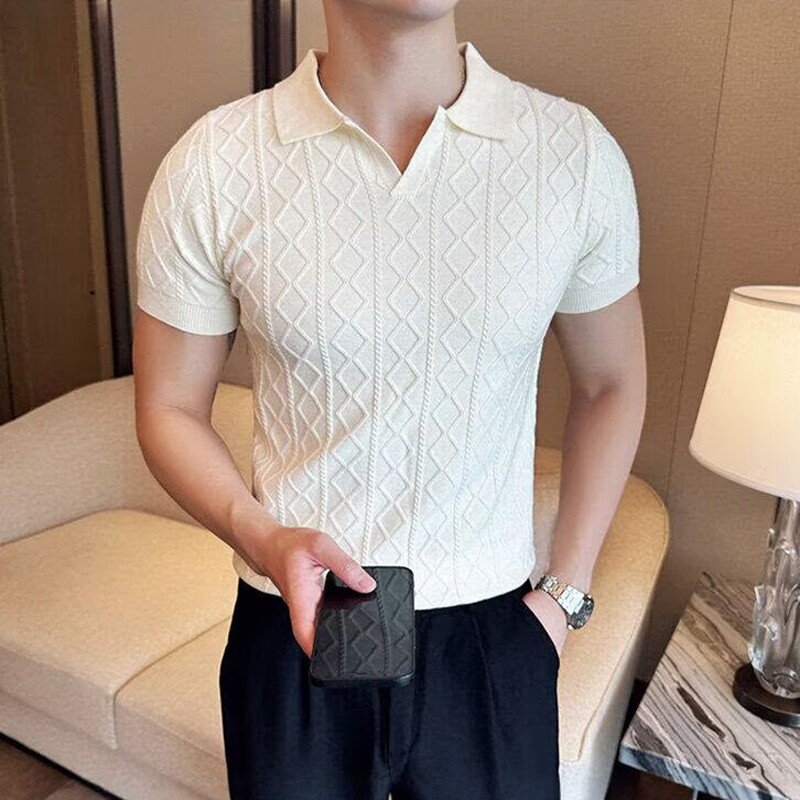 老钱风菱格针织短袖polo衫男款夏季痞帅高级感v领t恤冰丝修身半袖