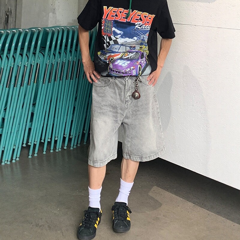 夏季cleanfit牛仔短裤美式复古水洗做旧深蓝色宽松休闲直筒五分裤