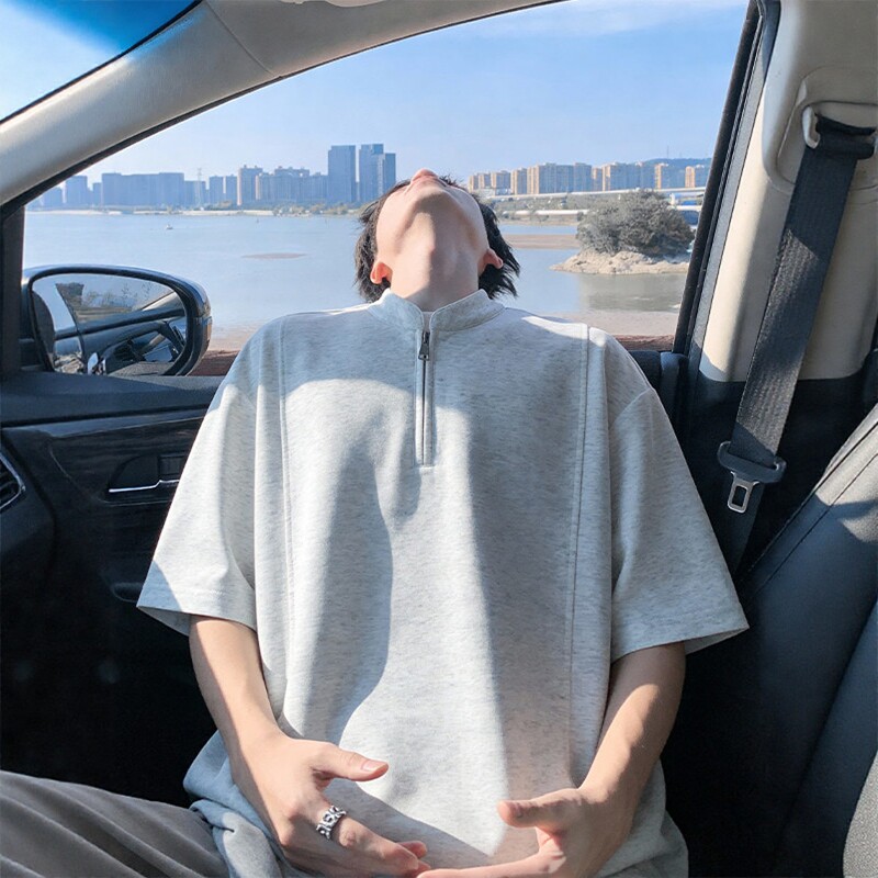 重磅半拉链正肩短袖t恤男夏季青少年宽松上衣美式潮牌潮流POLO衫