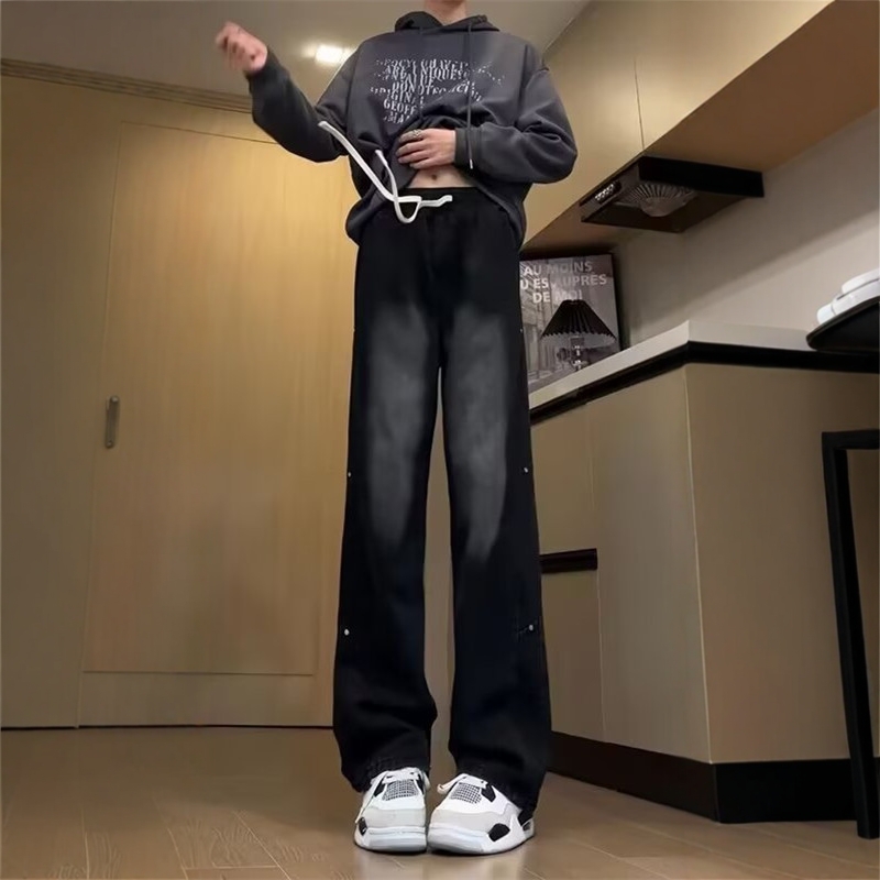 美式高街vibe裤子男款秋冬蓝色抽绳牛仔裤阔腿宽松弯刀直筒微喇裤