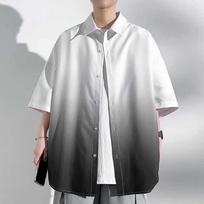 渐变短袖衬衫男夏季冰丝薄款潮流宽松休闲衬衣设计感小众情侣外套
