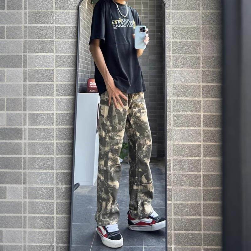 美式潮流时尚潮迷彩裤男秋复古高街vibe风裤子直筒微喇工装牛仔裤
