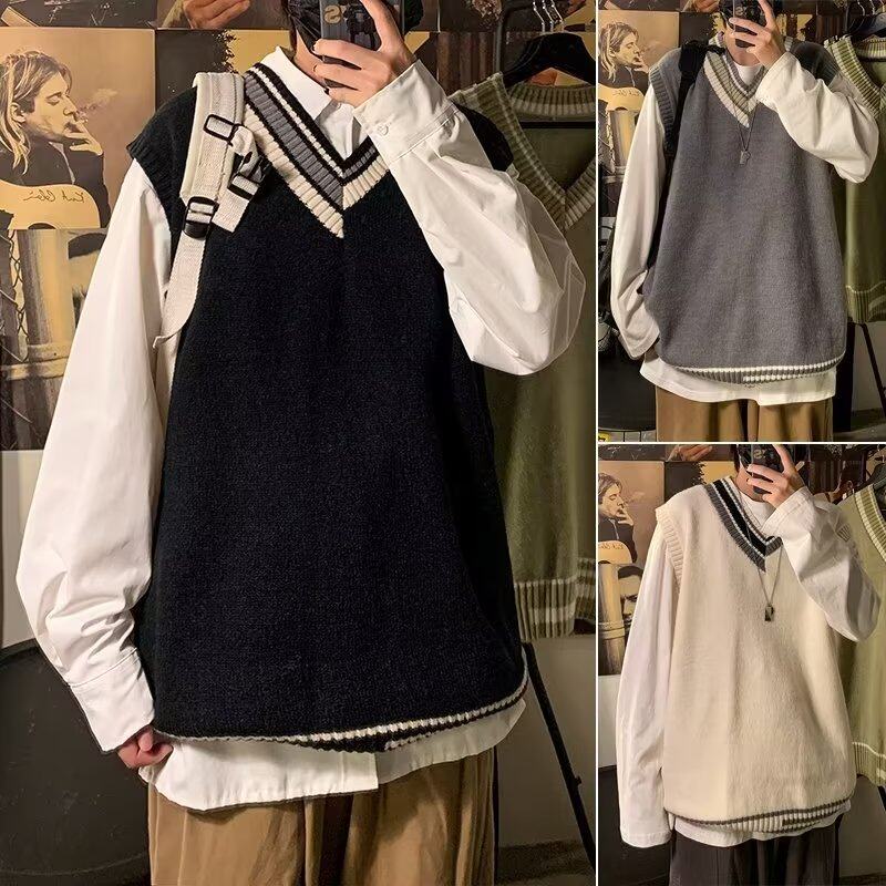 针织衫背心男秋冬潮流V领无袖毛衣男马甲学院风宽松坎肩外套冬季