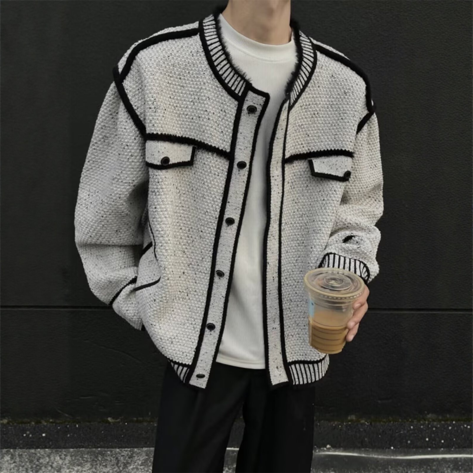 秋冬小香风针织开衫毛衣外套男复古撞色慵懒高级感休闲圆领上衣潮