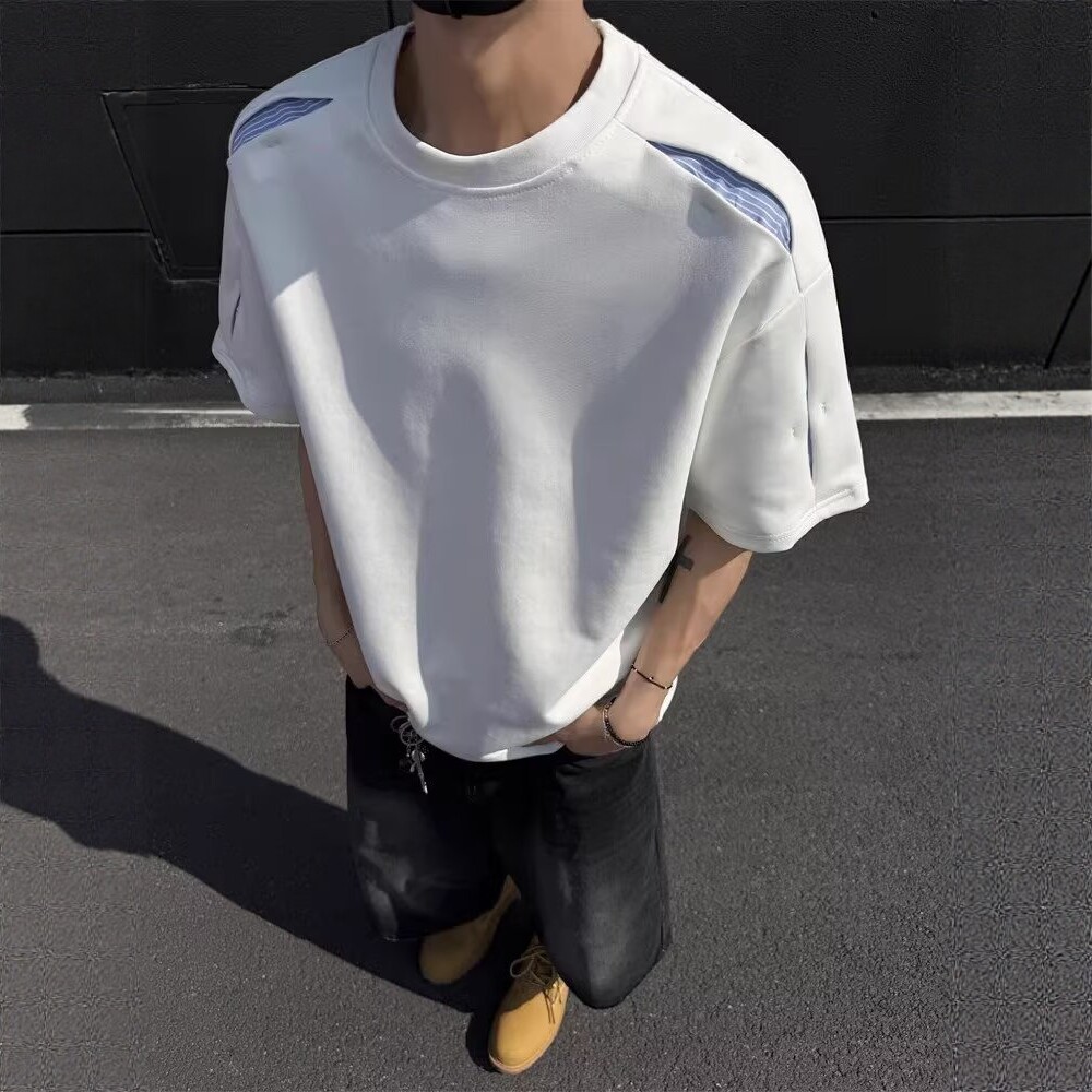 美式高街拼接设计感短袖T恤男生夏季小众潮流休闲宽松复古打底衫