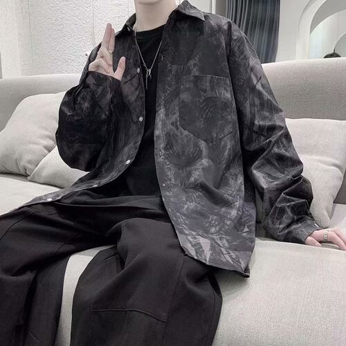 长袖衬衫男潮流涂鸦印花衬衣港风很仙的上衣服ins痞帅夏季外套潮