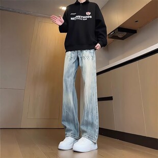 闪电爆裂纹牛仔裤男女春秋美式高街设计感小众高腰加长直筒微喇裤